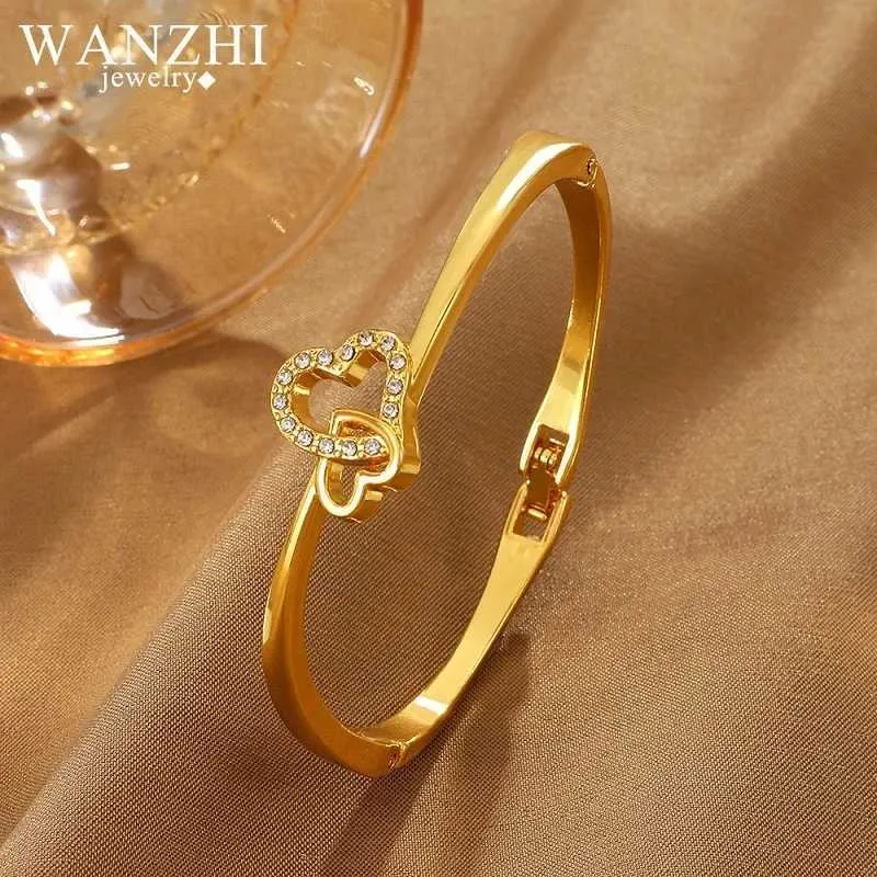 Chain WANZHI 2022 Fashion Gold Plated Inlaid Zircon Double Heart Bangle for Women Trend Party Wedding Jewelry pulseras Y240420