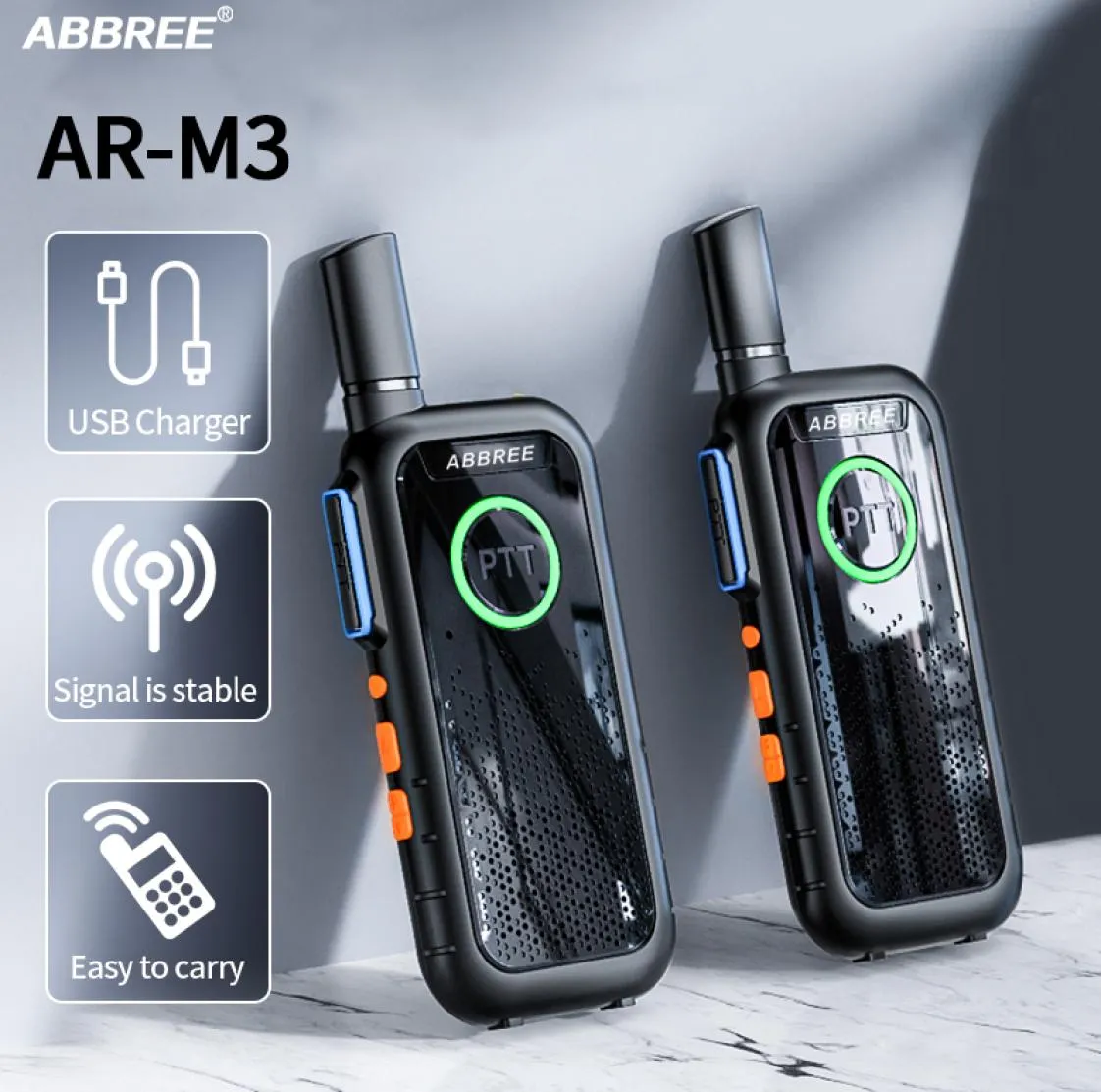 Mini Walkie Talkie ABBREE AR M3 UHF Long Range Dual PPT USB Charging Portable Communicator Two way Radio For el Hunting 2207281262716