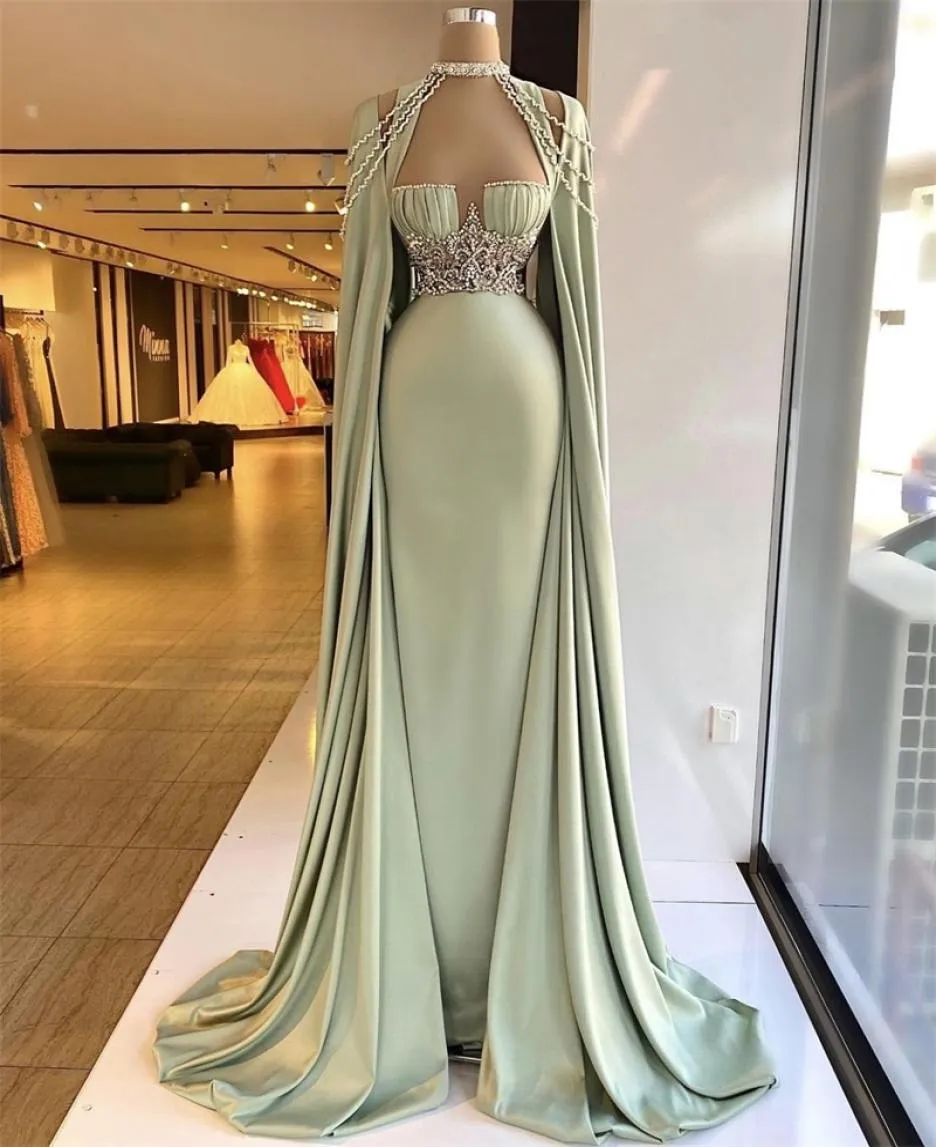 Elegant Mermaid Evening Dresses With Detachable Cape Beaded Crystal Formal Prom Gowns Custom Made Plus Size Pageant Wear Party Gow4209425