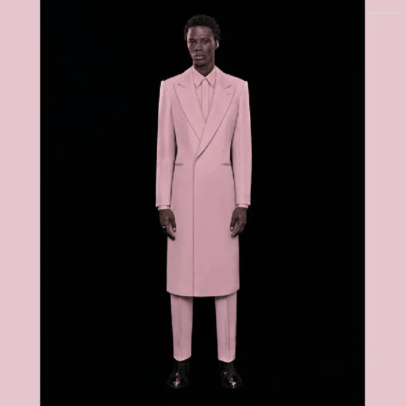 Men's Suits Pink Long Men 2 Pieces Blazer Pants Handsome Slim Celebrity Wedding Formal Work Causal Tailored Set