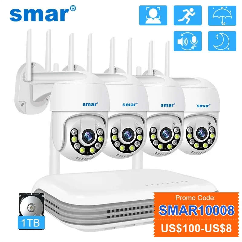 Kameror SMAR 8CH NVR 5MP Wireless WiFi Camera Kit Tway Way Audio 3MP 1080p utomhusfärg Night Vision Video Surveillance System Set ICSEE