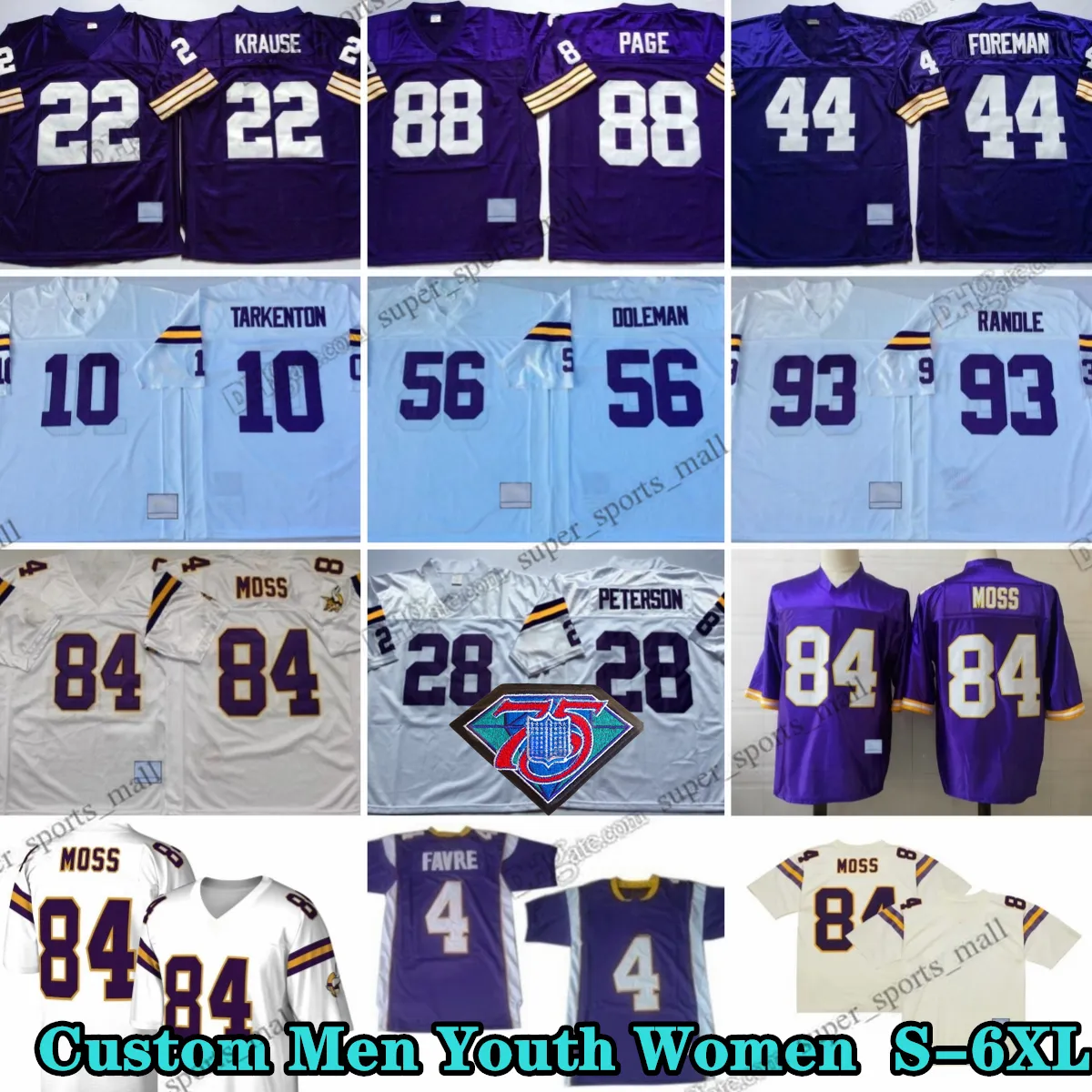 Custom 75th Throwback 84 Randy Moss Football Jerseys 53 Mick Tingelhoff 93 John Randle 81 Carl Eller 4 Brett Favre 64 Randall McDaniel 73 Ron Yary 88 Alan Page Marshall