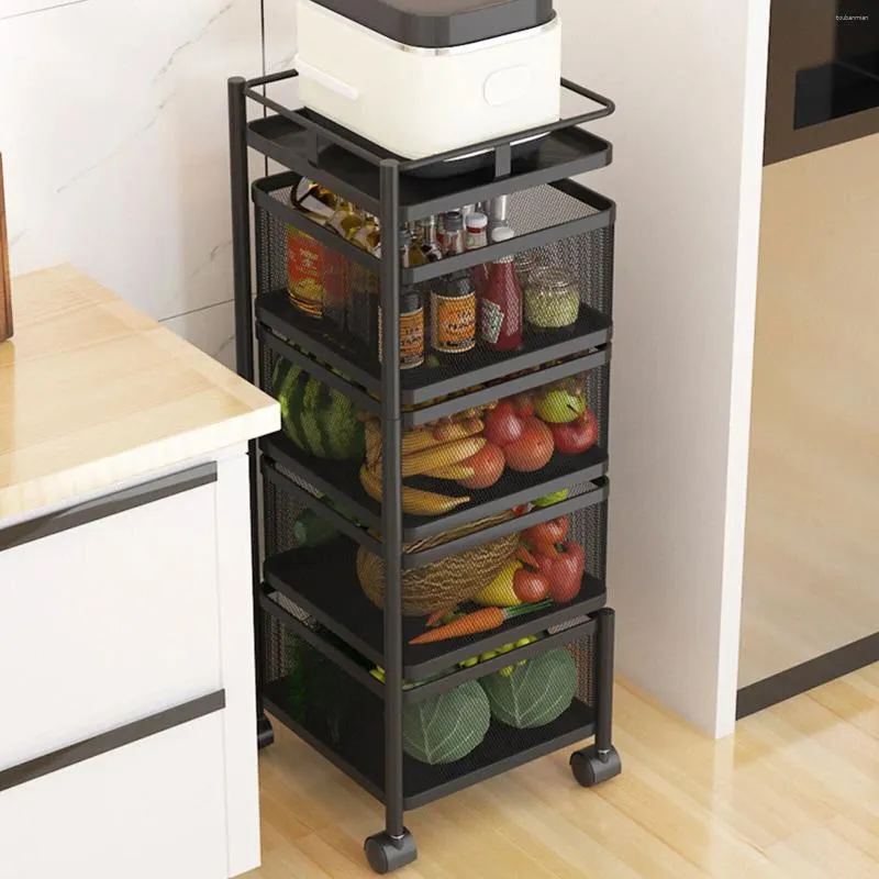 Kitchen Storage 4-Tier Rotating Multi Layer Shelf Square Rack Carbon Steel Fruit Basket Vegetable Snack Stand With Wheels