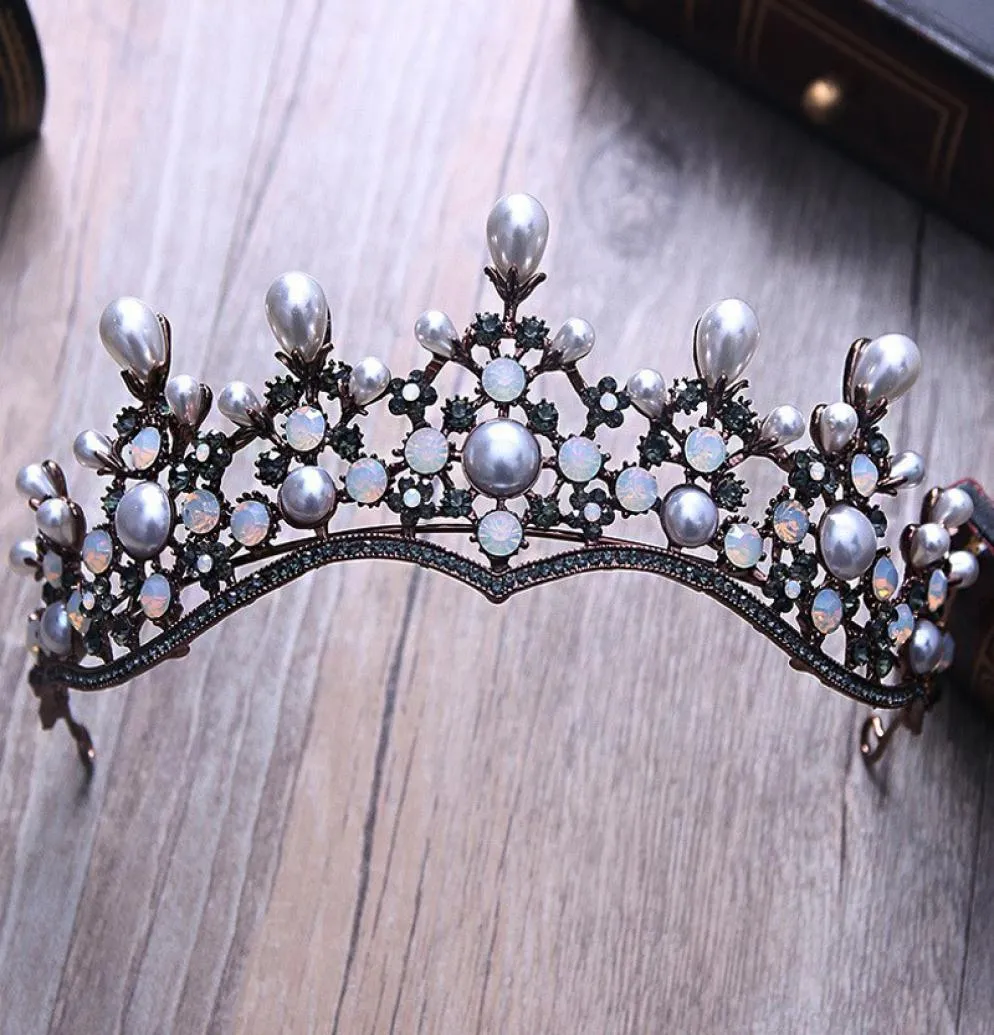Baroque Vintage Crystal Pearl Bridal Tiaras Brand Headhipiece Black Rhinestone Princess Pageant Couronne Accessoires de cheveux de mariage Y21504422