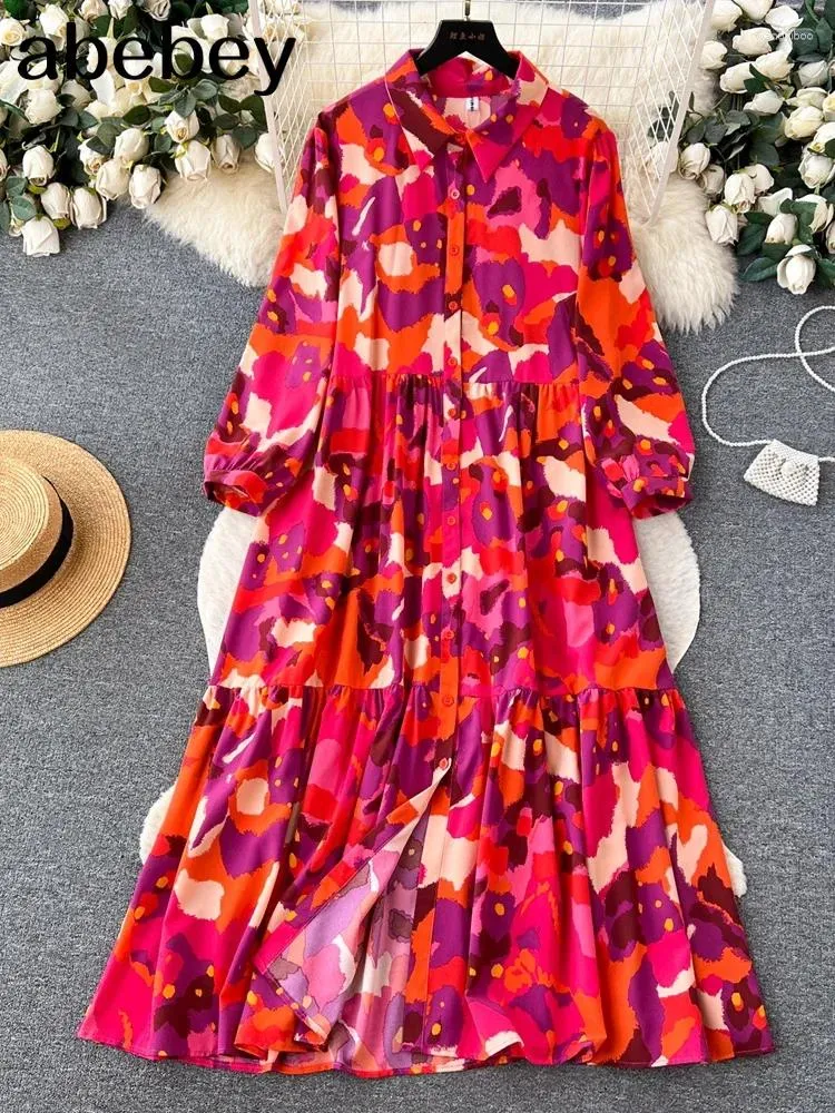 Casual Dresses Women's Retro Lantern Sleeve Dress Bow Stand Collar Waist A-Line Elegant Fashion Print Big Swing Long Summer 2024
