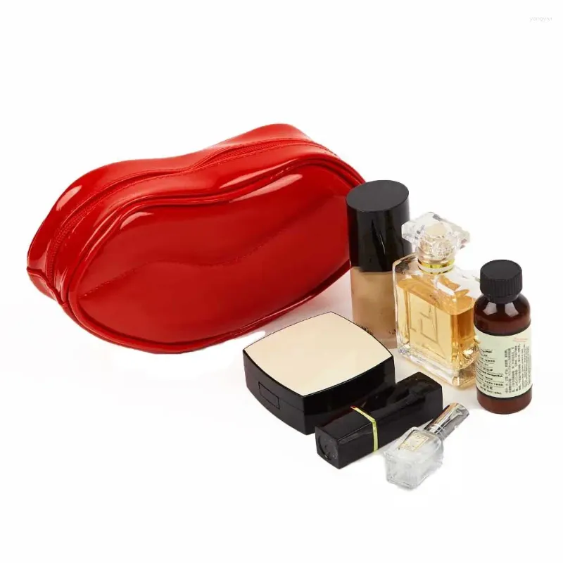 Borse cosmetiche custodie per le donne rossetti strumenti di bellezza sacchetta in pelle trucco in pelle rossa a forma di labbro da toilette