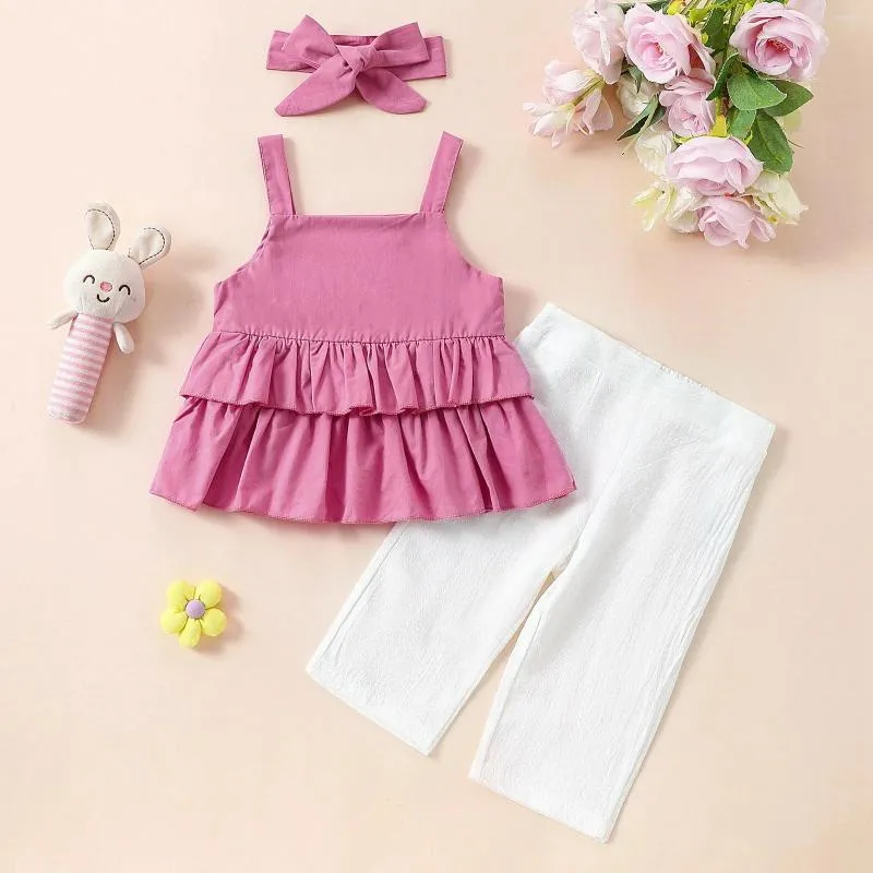 Clothing Sets 3pcs Summer Infant Baby Girls Clothes 1 2 3Years Outfits Solid Color Ruffles Sleeveless Tank Tops Long Pants Headband Suits