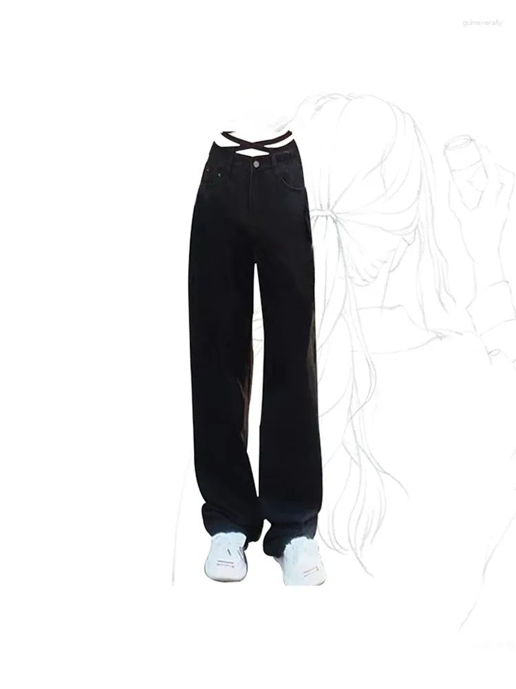 Женские джинсы Женщины Y2K Black Gothic Wide gate Jean Pants Винтажные мешковатые высокие талию прямой корейская джинсовая бакировки уличная одежда 2024