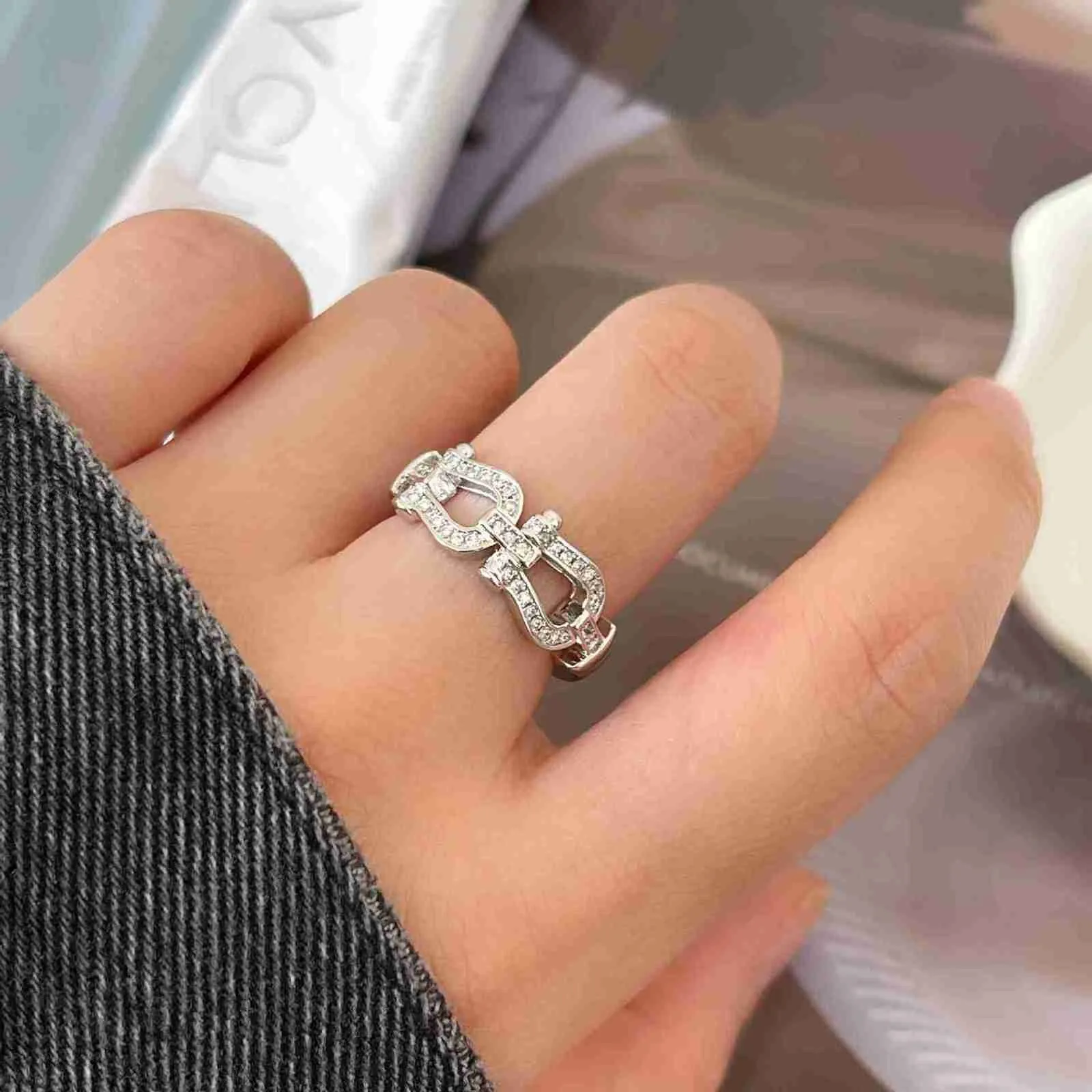New Silver Set Diamond Horseshoe Clasp Open Ring High Quality High Sense Women's Index Finger Ring