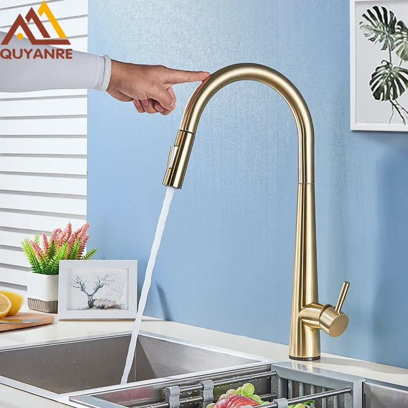 Steuerung gebürsteter Goldsensor Küchenarmatur Smart Touch Control Induktiven Wasserhahnmixer Tippen Sie auf empfindliche Küche schwarz weiß weiße Küchenarmaturen