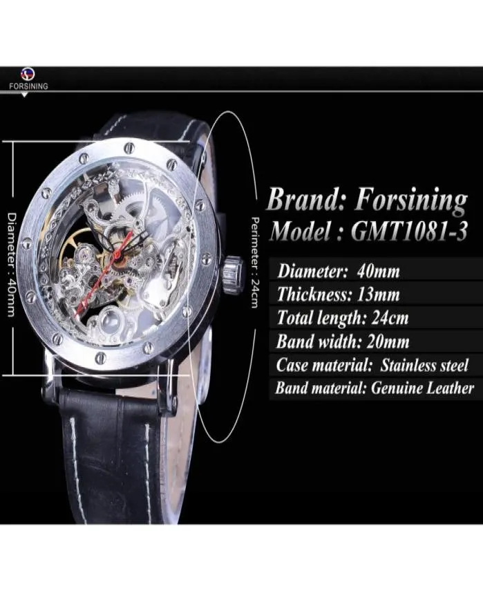 Forsiner Watch Bracelet Set combinaison squelette argenté Red Hand Black en cuir authentique Automatique Automatiques Men Clock transparent 9636873