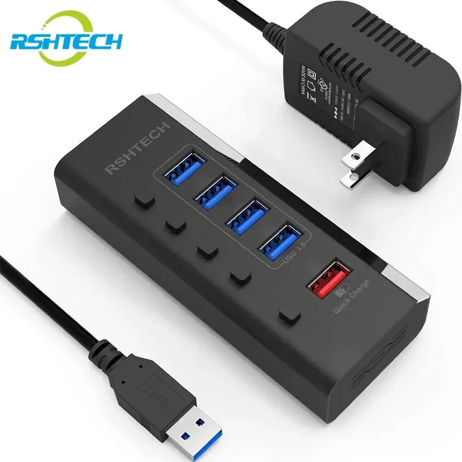 Hubs RSHTech A35B USB HUB ABS PLASTIC USB3.0 Data Ports 5GBPS QC 3.0 Snel opladen Multi Splitter -adapter Individuele aan/uit -schakelaars