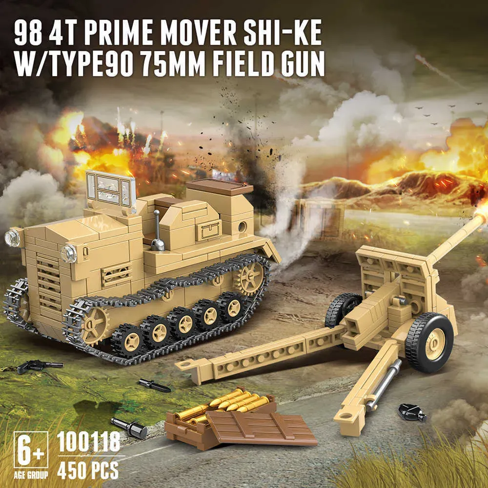 Blocchi 450pcs WW2 Giappone 98 Prime Mover E90 75mm Field Gun Building Building Figures Figure Soilciliche Gift di giocattoli fai -da -te per bambini Q06