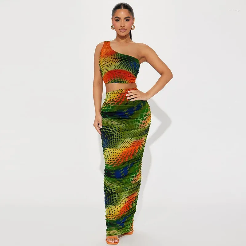 Casual Dresses Chic Womens 2 Pieces Set One-shoulder Cropped Tops Long Maxi Skirt Fashion Print Slim Bodycon Dress Suit