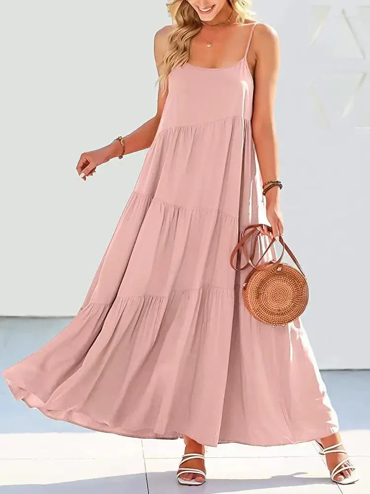 Casual Dresses In For Women 2024 Summer Solid Pleated Oregelbular Dress with Strap Long Robe Clothing Formal