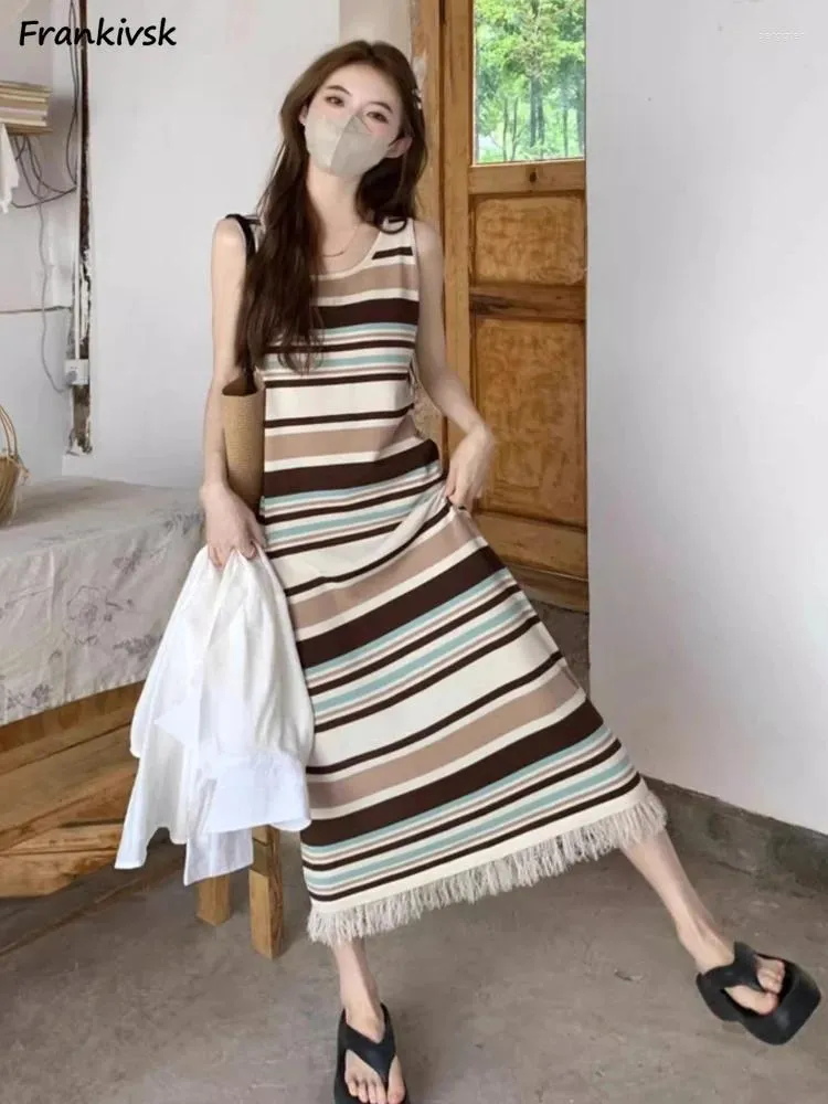 Casual Dresses Women Bohemian Beach Style Comfortable Summer Versatile Mori Girl Holiday Pullover Colorful Striped Y2k American Tassel