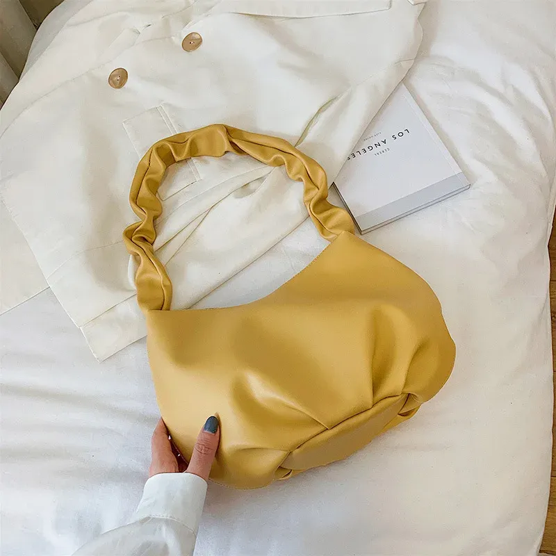 Hobos New Summer Fresh Ins Sweet Taro Purple Fold Bag Soft Leather Large Capacity Popular Oneshoulder Armpit Handbag Yellow Purse