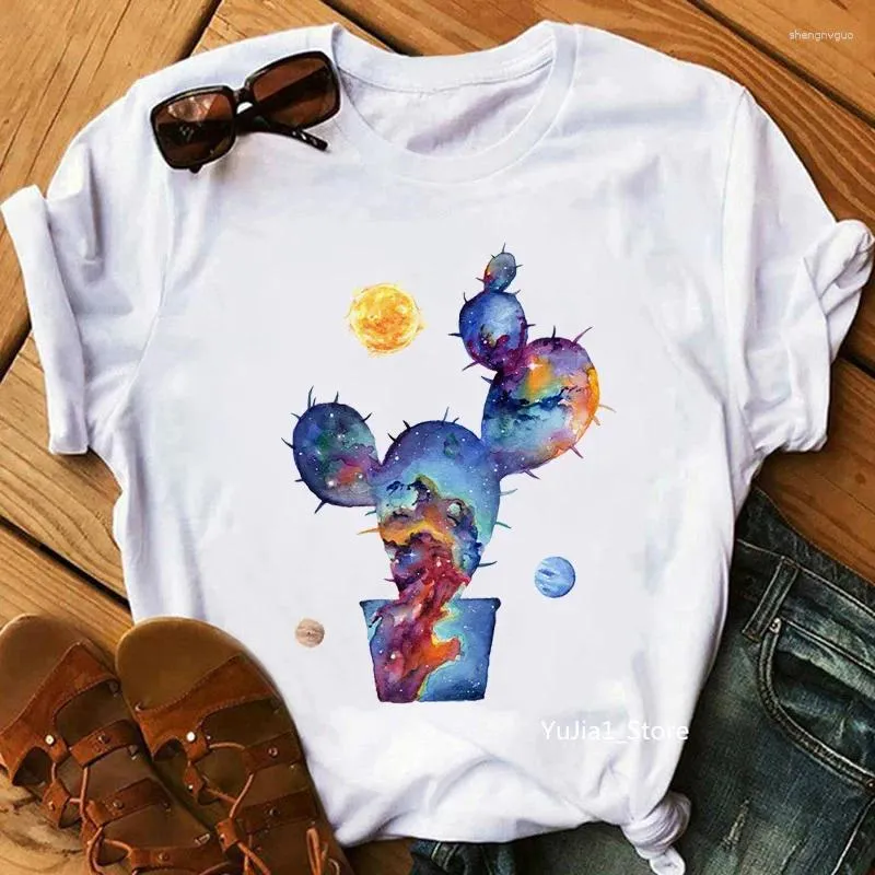 Women's T Shirts Kawaii Starry Cactus Print Women T-Shirts Funny White Tshirt Femme Harajuku Shirt Summer Fashion Tops Tee Female