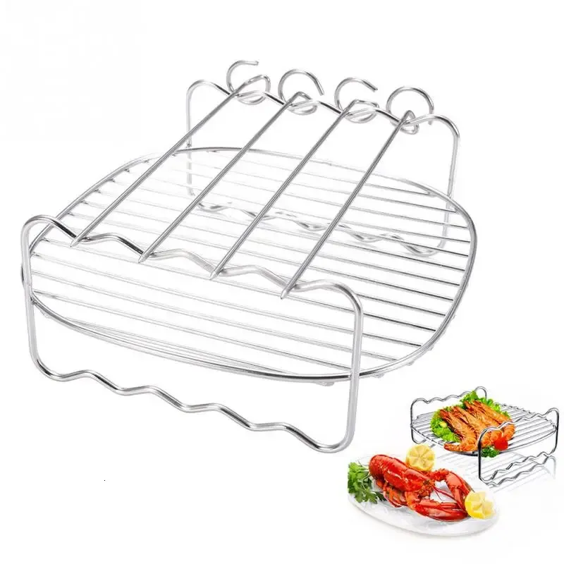 Baking Tray Skewers Air Fryer Stainless Steel Holder BBQ Rack Double Layer Grill Baking Tray Replacement Barbecue Kitchen Tools 240410