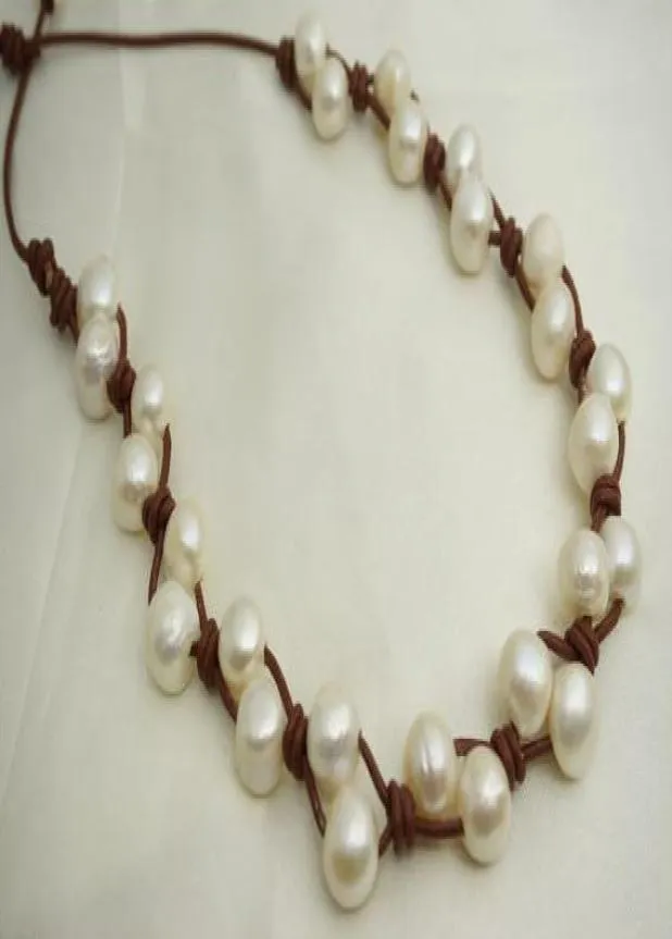 New Arriver Pearl Leather JewelleryHandwork White Color Freshwater Pearl Black Leather Necklace911mm 100 Real Pearls1287202