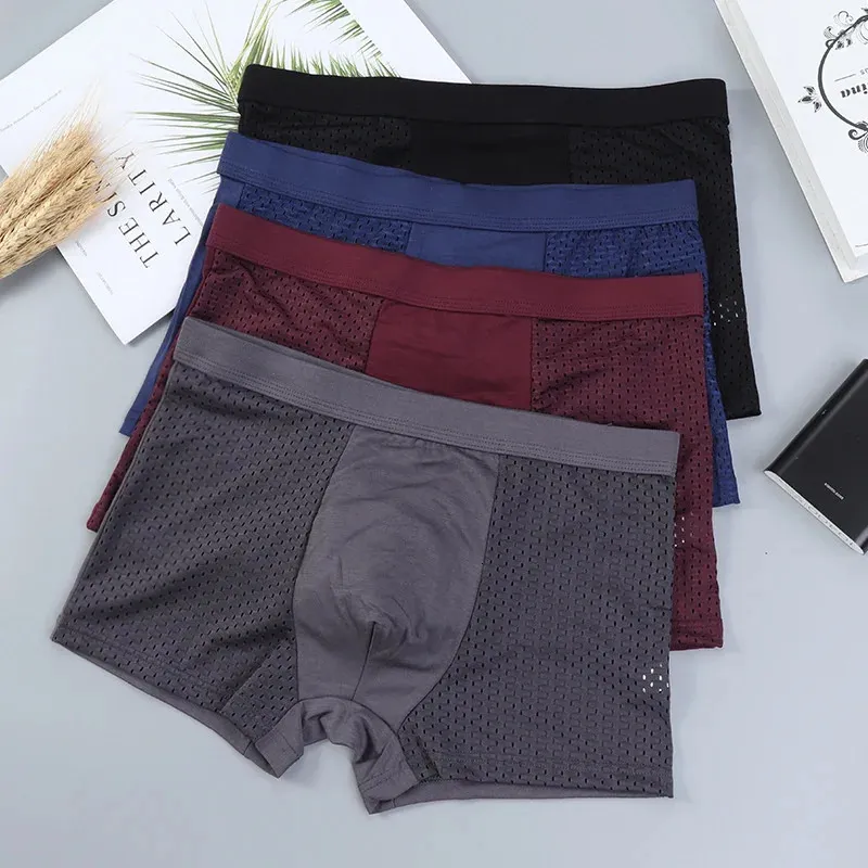 4st/Lot Men bambu underbyxor mesh andningsbara L-5xl boxee män underkläder korta underbyxor manlig sexig solid boxershorts 240410