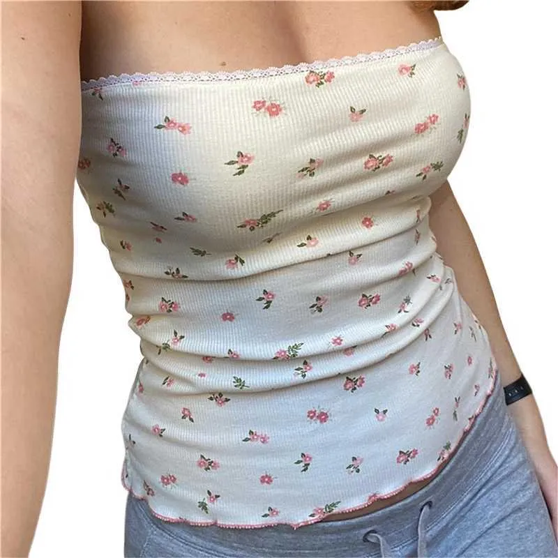 Women's Tanks Camis Xingqing y2k Lace Trim Crop Top Fairy Grunge Aesthetic Floral Print Off Shoulder Strapless Slveless Knitted T Shirt 2000s Ts Y240420