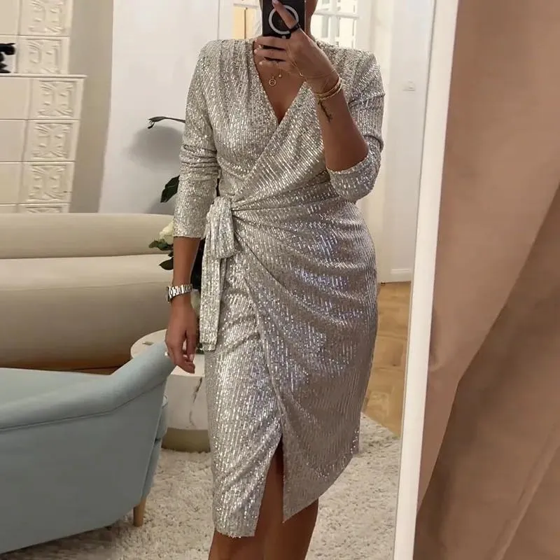 Autumn Sequin A Line Midi Dress With Long Sleeves, Draped Autumn Sequin A Line Midi Dress With Long Sleeves, Draped