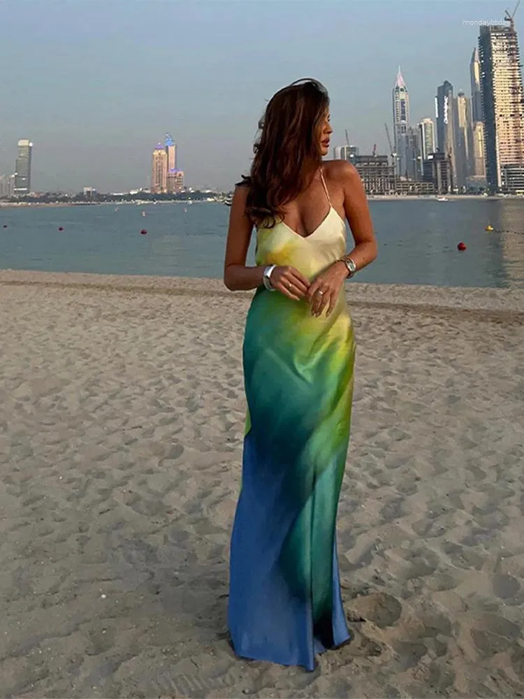 Casual jurken sexy satin gradient strand dames bodycon tie-dye 2024 zomer backless elegless elegant feest vakantie outfits gewaad mujier