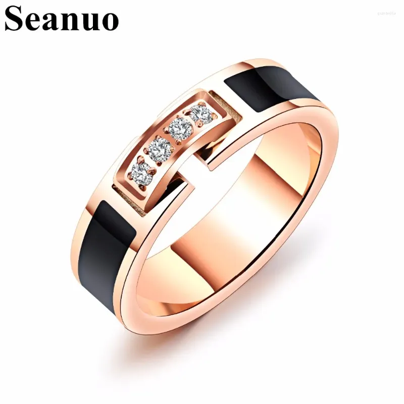 With Side Stones Seanuo Personality Elegant Women Rose Gold Stainless Steel Wedding Rings Korean Black CZ Crystal Lady Sexy Party Cocktail