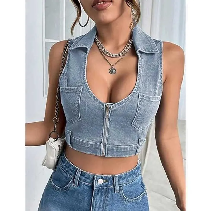 Tanks pour femmes Camis Xingqing Denim Crop Top Y2K Vêtements Femmes Couleur solide But Collar Zipper Waistcoat Slveles