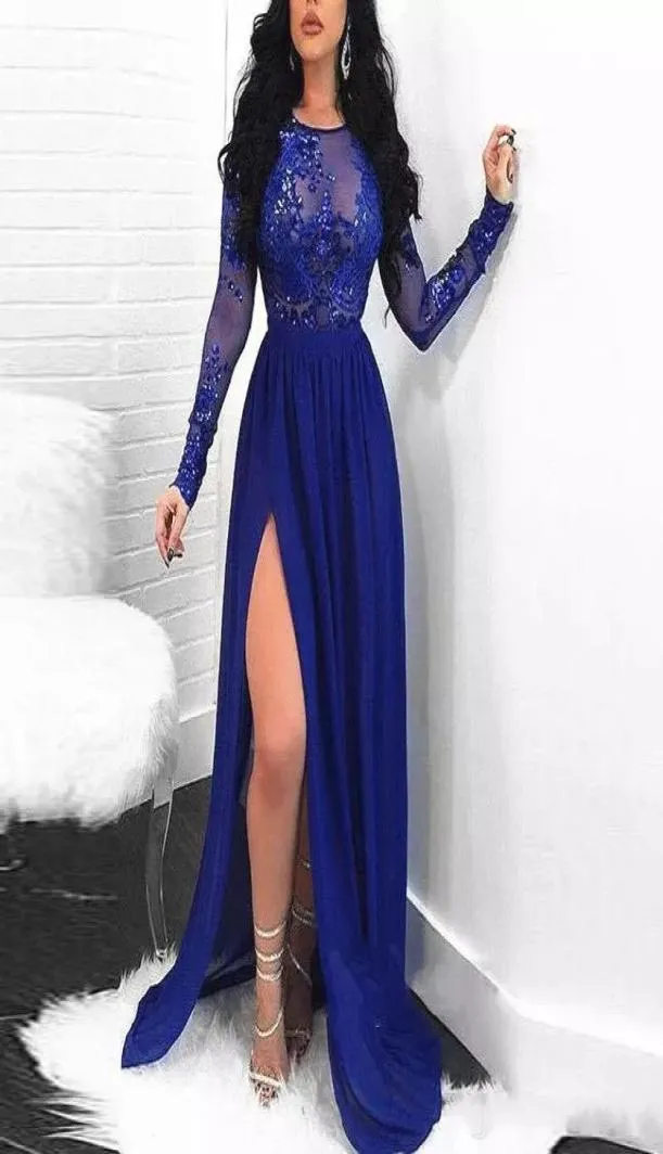 Sparkly Royal Blue Prom Dresses Appliques Long Sleeve Side Slit Floor Length Modern 2019 High Split Party Gowns Evening Dress Cust9919571