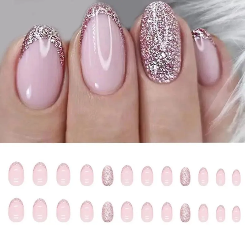 Falso unhas 24pcs destacáveis DIY capa completa brilhante oval rosa falso francês longo