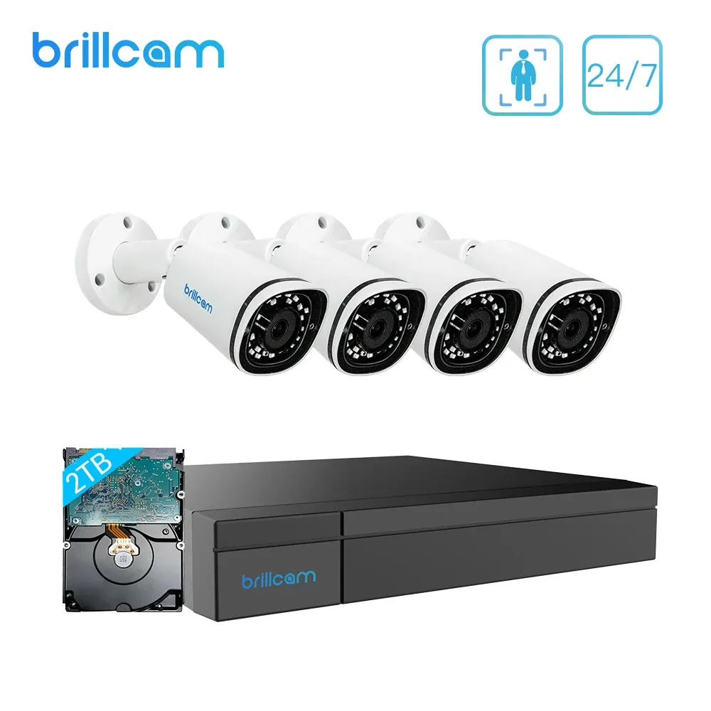 Lens Brillcam 4K Video Surveillance Kit 8MP 8CH Poe NVR Recorder 4st 4K Poe IP Camera Outdoor With 2TB HDD för 24/7 inspelningsljud