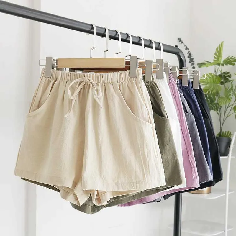 Women's Shorts Summer linen shorts loose womens high waisted shorts sports fashion cotton linen shorts solid S-XL casual shorts Y240420