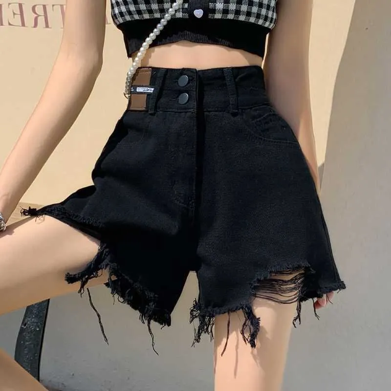 Shorts en jean noir pour femmes 2024 Nouvelle taille élevée d'été mincer large jambe en ligne chaude a-ligne pantalon Instagram Summer Summer Style