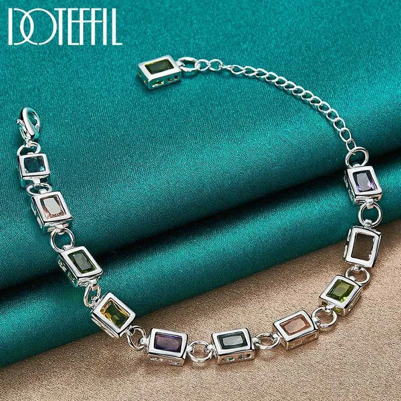 سلسلة Doteffil Silver Color Square مرصعة مربع مع سلسلة سوار Zircon متعددة الألوان AAA للامتداء مجوهرات حفل الزفاف Y240420