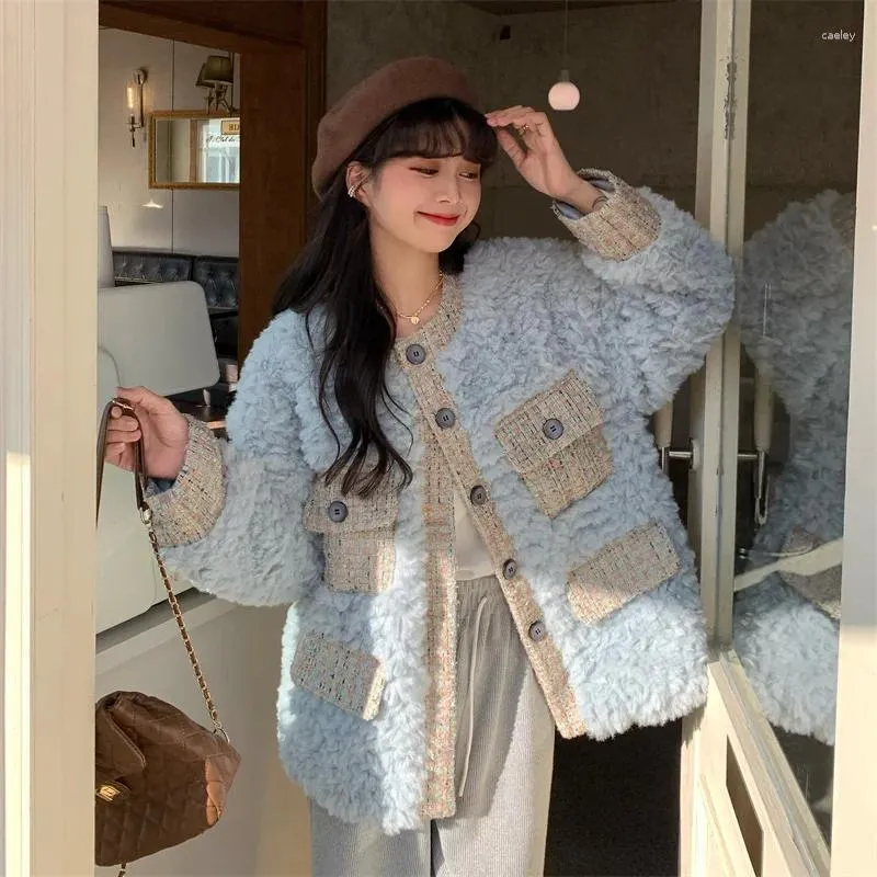 Dames vacht Koreaanse mode pluche super warme jas vrouwen elegante ronde nek lange mouw lam fall winter vintage patchwork outparden