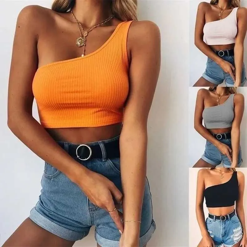 Kvinnors tankar Camis Women Tank Crop Top Sexig lågskuren One Shoulder Midriff-Baring Tank Topps Girls Slveless Halternecks Backless Camisole T Shirt Y240420