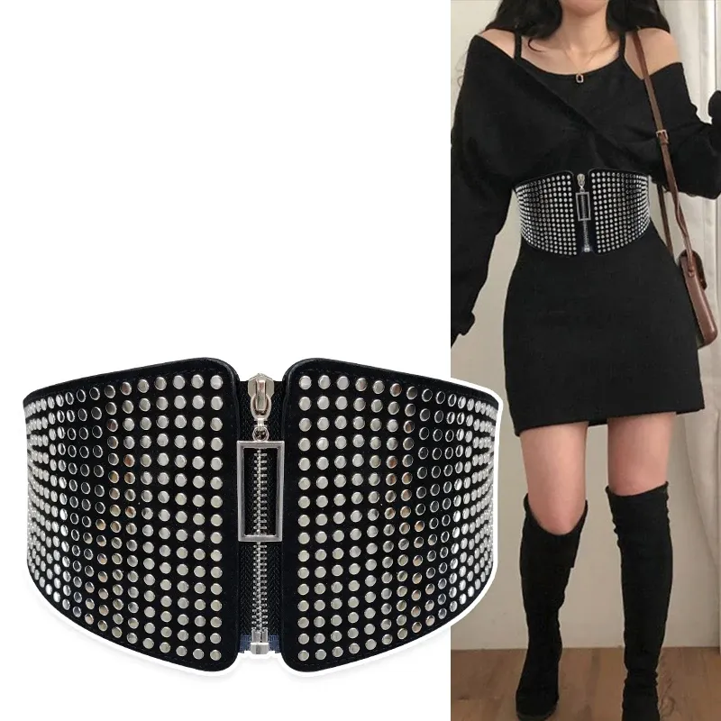 Cinture punk rivetta intarsio largo elastico cintura corsetto femmina in vita femmina goth plus size stretch cummerbunds grandi cinghie di design per donna cintura