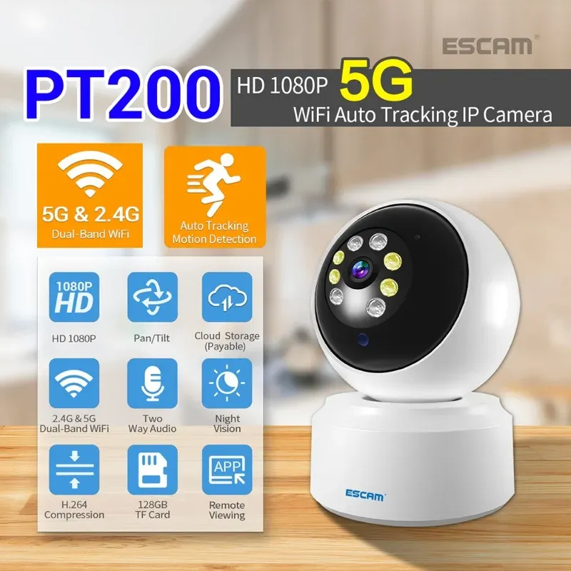 Kameror Escam PT200 1080p Mobilspårning 5GWIFI Cloud Storage Twoway Voice Smart Night Vision Camera
