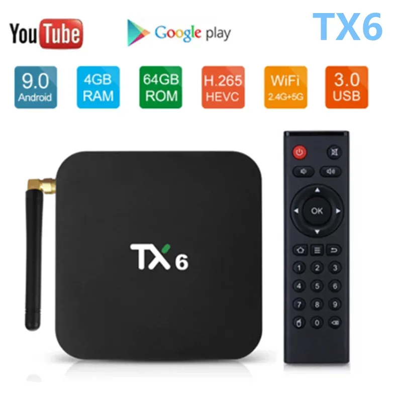 Controle Tanix CAIXA DE TV SMART TX6 ANDROID 9.0 4GB 64GB 5.8G WiFi Allwinner H6 Quad Core USB 3.0 BT4.2 4K Media Google Player YouTube