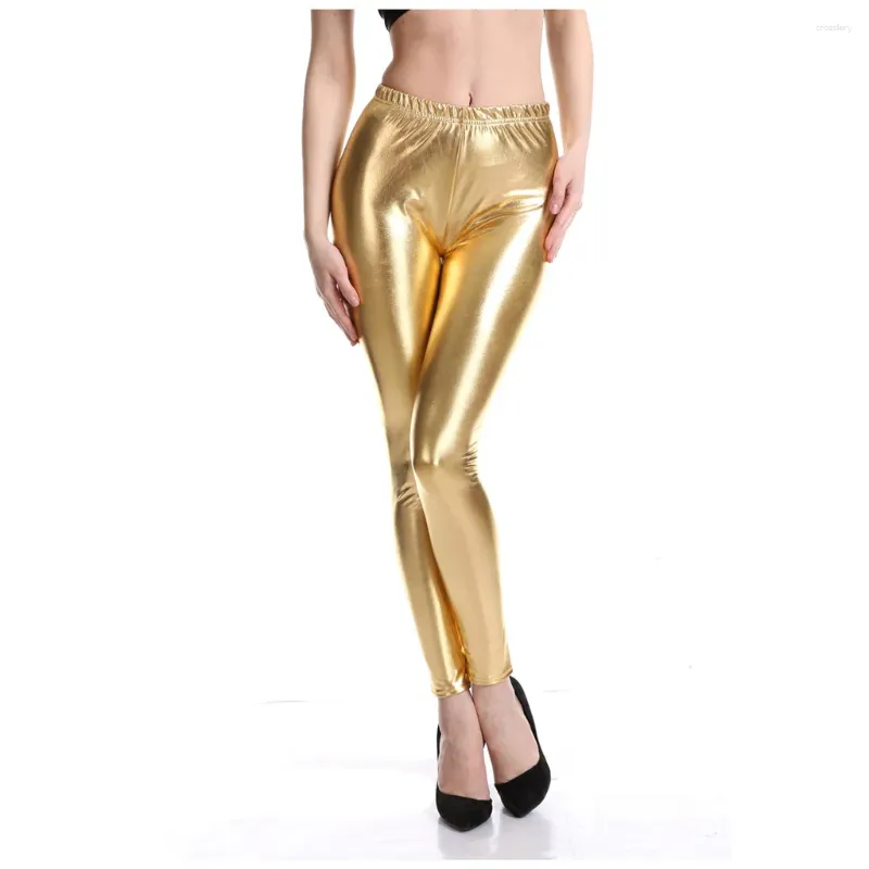 Kvinnors byxor glänsande kvinnor metalliska sport leggings ljus blyertsbyxa fitness mode läder guld silver jegings godis färgbyxor bär