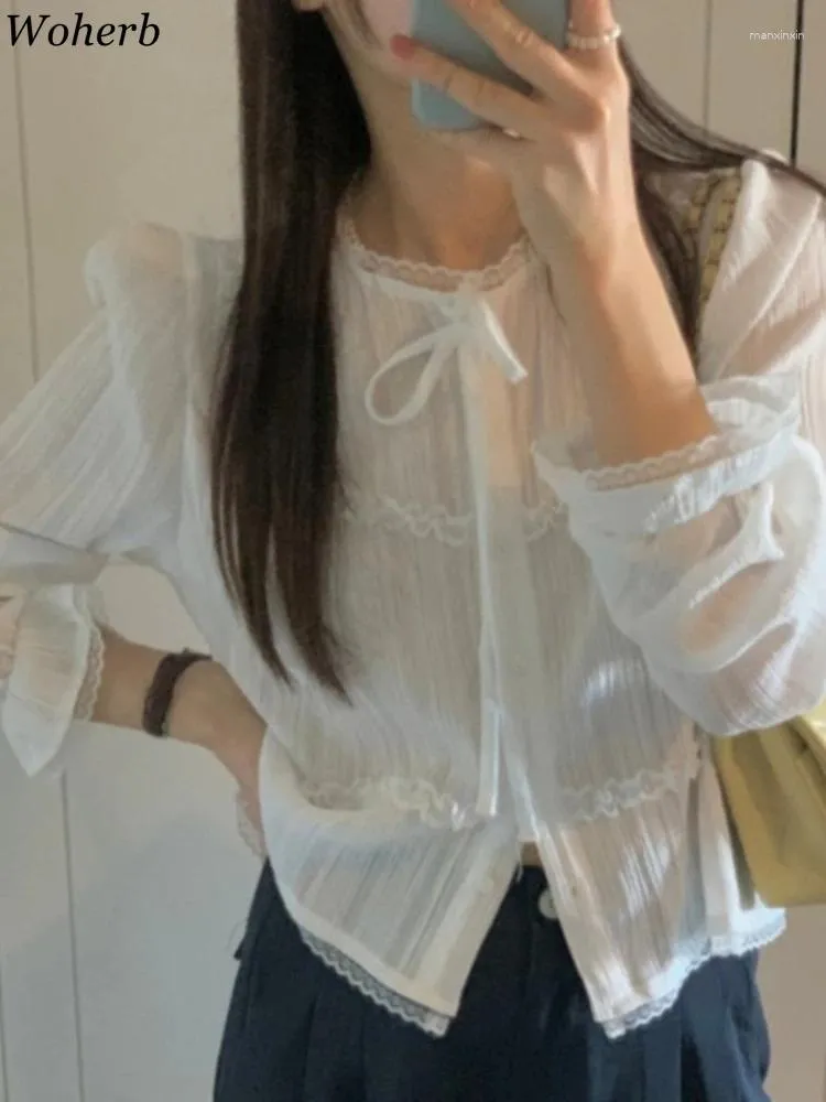 Women's Blouses Korean White Y2k Women 2024 Blusas Mujer De Moda Puff Sleeve Loose Vintage Blouse Tops Lace Patchwork Temperament Shirts