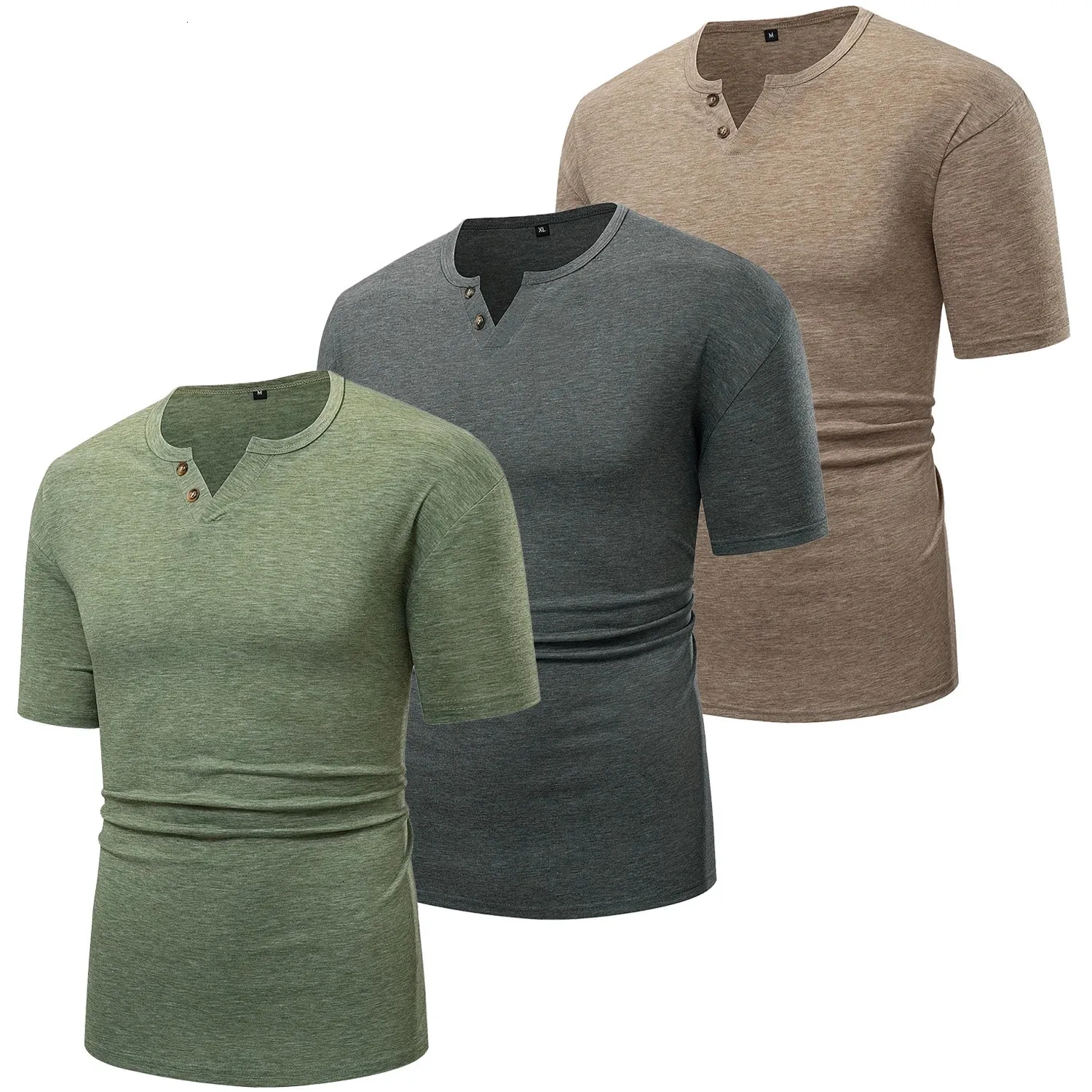 2024 Summer Mass Mens Solid Kolor krótkie koszule Henley Henley Casual 100 poliester vneck gładkie topy dla mężczyzn 240419