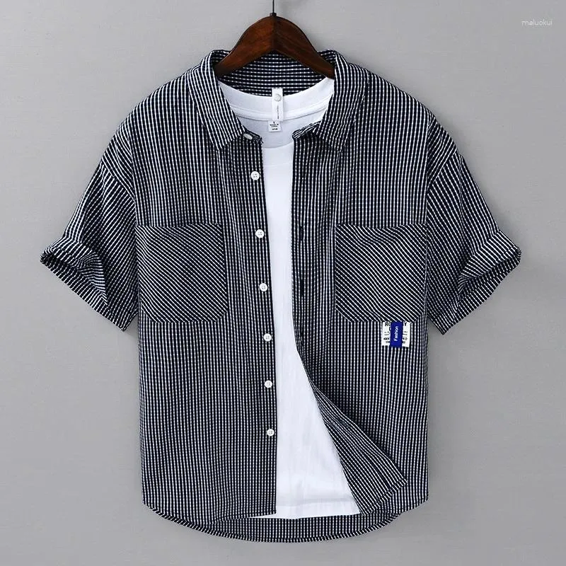 Mäns casual skjortor cool tusen fågelcheck skjorta för män japansk mode lös mångsidig tunna blus cityboy ungdom korta ärm toppar