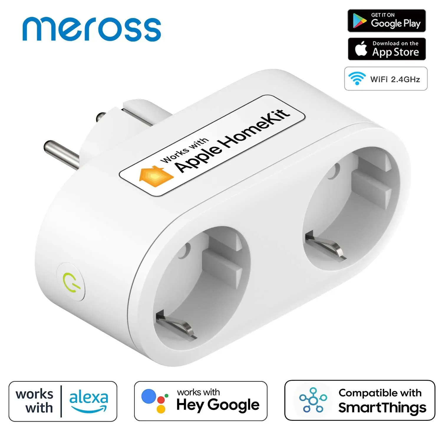 Wtyczki Meross HomeKit 2 w 1 WIFI Smart Plug Dual Outlet UE Smart Socket Smart Gope Control Obsługa Alexa Google Home SmartThings