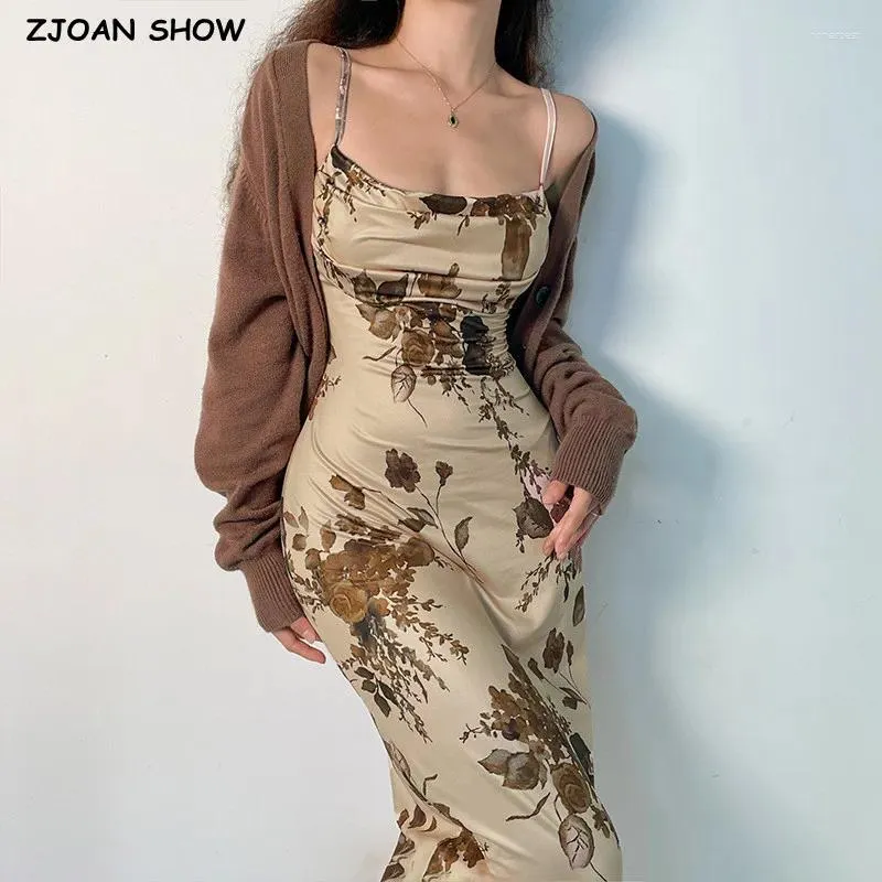 Casual Dresses Sexig låg bröstkorg Khaki Flower Print Bodycon Sling Dress Woman Ruched Slash Collar Package HIPS Backless Midi Long Party Robe