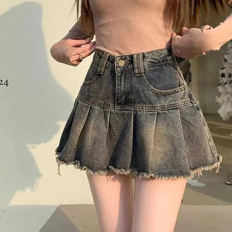 Skirts Dptown Retro Denim Skirt Womens Pleated Sexy Short Skirt Retro Korean Fashion Aesthetics Casual A-line Tight Jeans Y240420