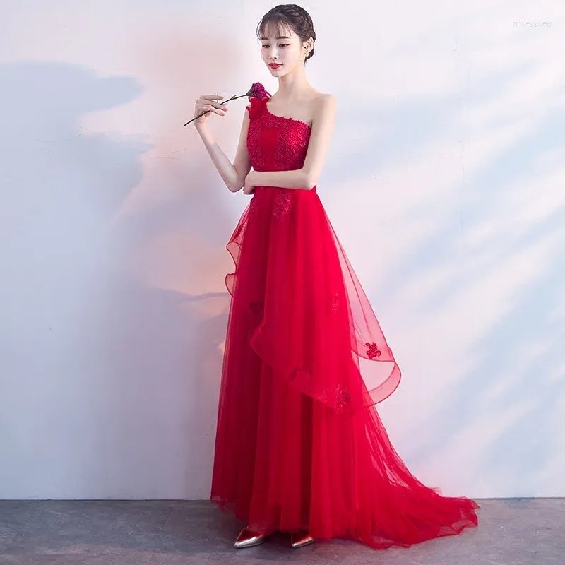 Party Dresses Harajpee Red One Shoulder Toast Dress Bride 2024 Wedding Fashion Beautiful Romantic Longest Vestido