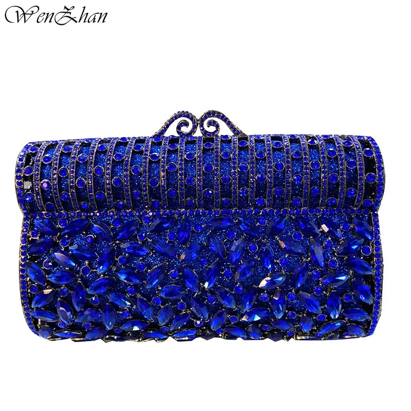 Plånböcker Royal Blue Women Crystal Hollow Out Day Clutches Floral Plånbok Bröllop Handväskor Diamond Hard Evening Dress Purse A91